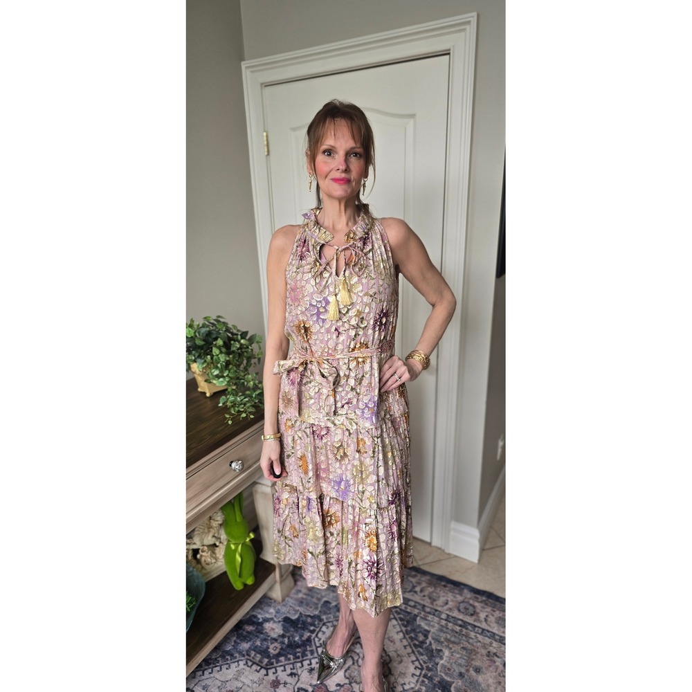 Kobi Halperin Womens Metallic Floral Tiered Halter Midi Dress Purple Gold Small
